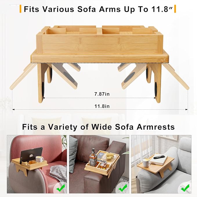 Bamboo Couch Cup Holder Tray - 2 in 1 Couch Armrest Table - Sofa Armchair Caddy - Image 4