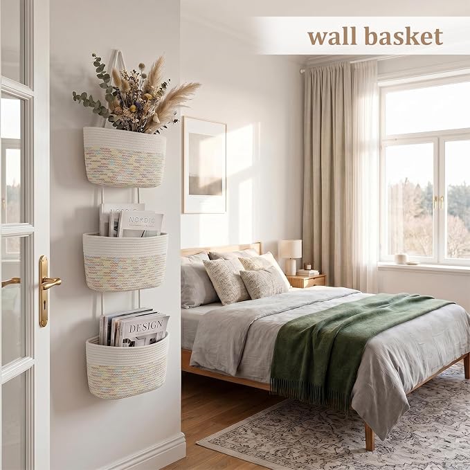 TeoKJ Over the Door Hanging Basket, 3-Tier Woven Cotton Wall-Mounted Storage - Image 3