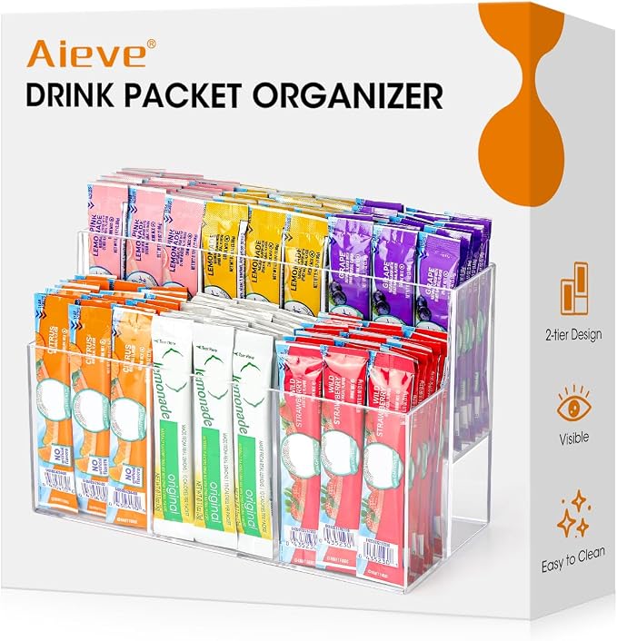 AIEVE Drink Packet Organizer, 2-Tier Water Flavor Packet Holder by Aieve