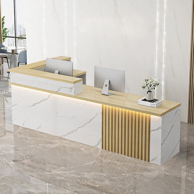 Receptionist Desk with LED Light，Wooden Salon Checkout Counter with Storage by Unknown
