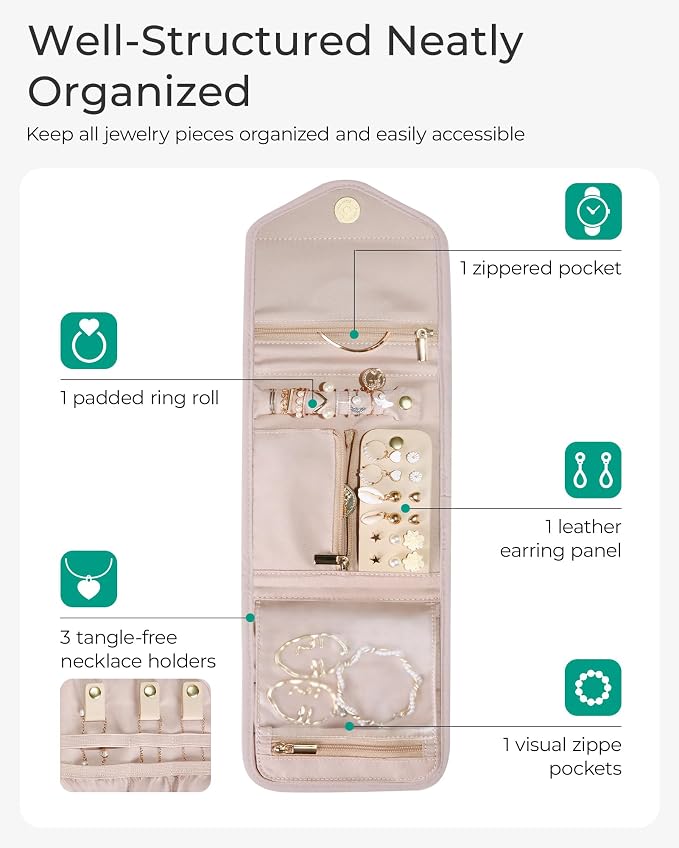 BAGSMART Travel Jewelry Organizer Case Foldable Small Jewelry Roll - Image 3