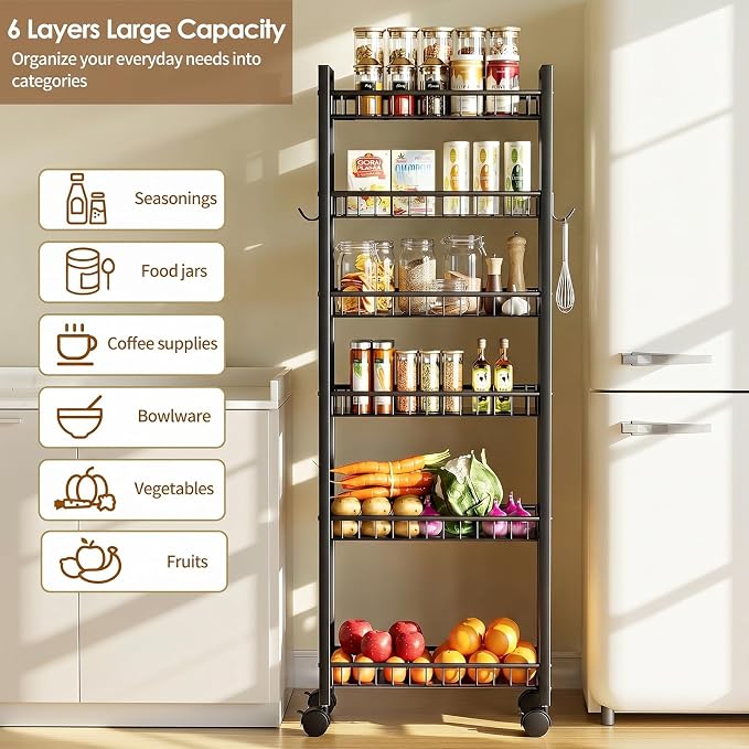6 Tier Slim Storage Cart, Narrow Rolling Cart - Image 3
