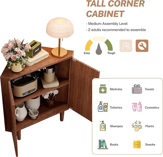 Fluted Floor Corner Kitchen Cabinet, Wooden Freestanding Cabinets Organizer - Image 8