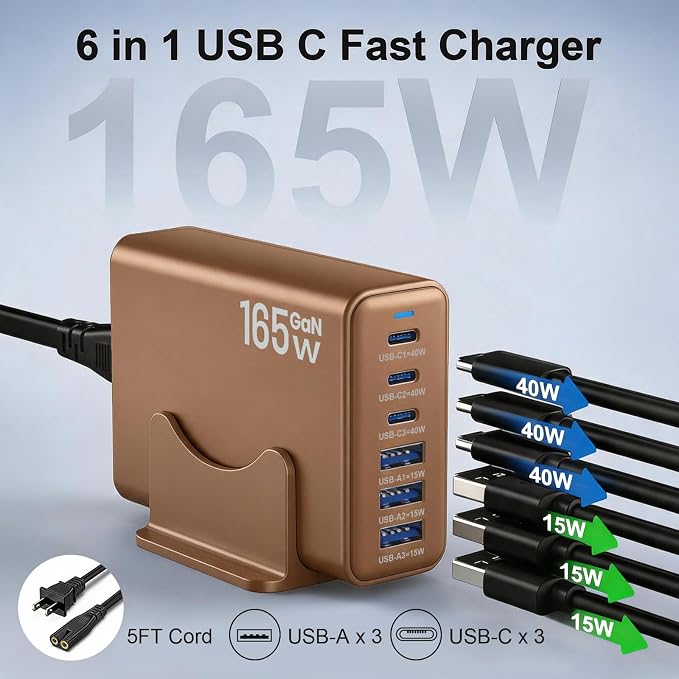 165W GaN USB C Charging Station, 6 Port Desktop Charger - Image 2