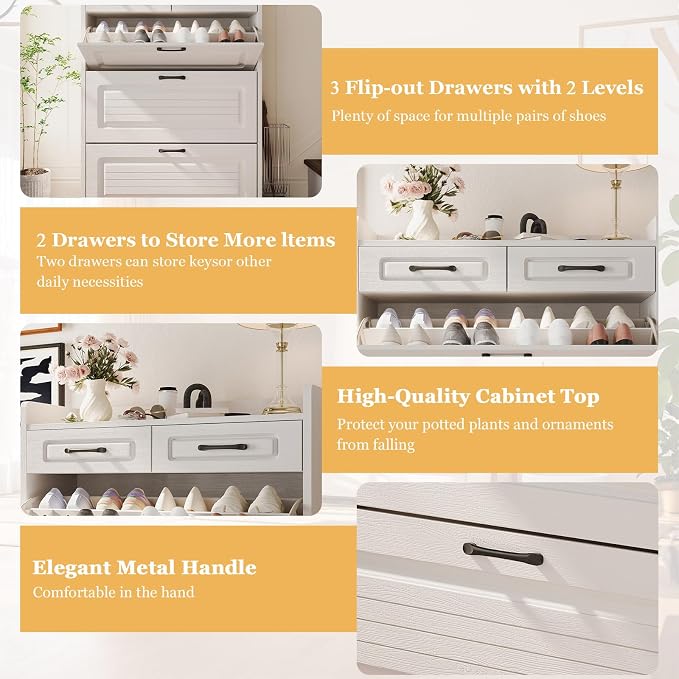 ODUWA Shoe Cabinet with 3 Flip Drawers and 2 Storage Drawers, Shoes Organizer - Image 3