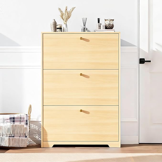 Nicetree Shoe Cabinet with 3 Flip Drawers, Entryway Storage, Natural Oak | - Image 7
