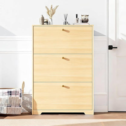 Nicetree Shoe Cabinet with 3 Flip Drawers, Entryway Storage, Natural Oak | - Image 7
