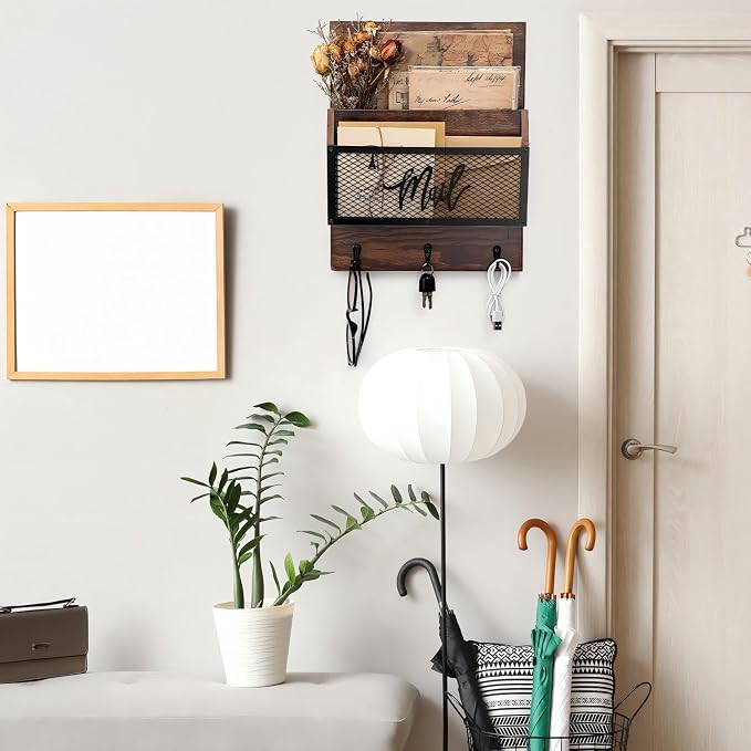 Yalikop Farmhouse Mail Organizer Wall Mounted Rustic Mail Holder Hanging Key - Image 7