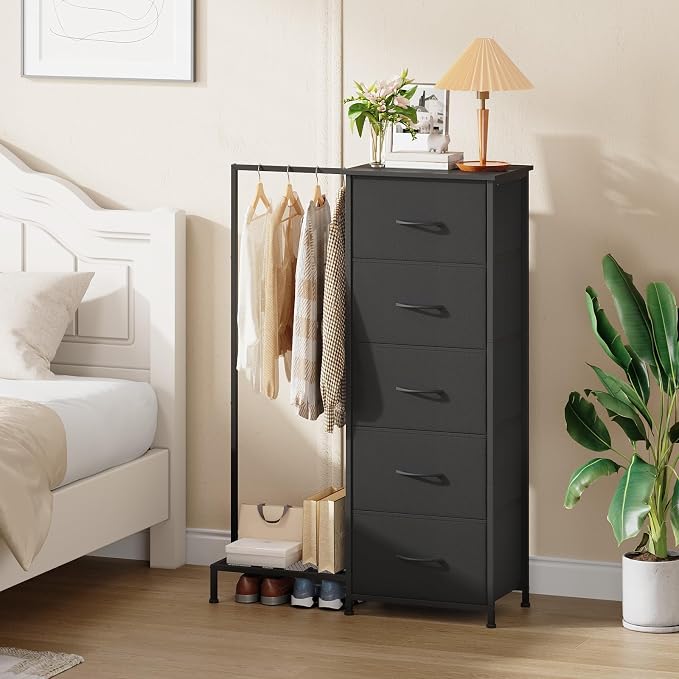 Somdot Dresser with Hanging Rack, 5 Drawers Small Closet - Image 4