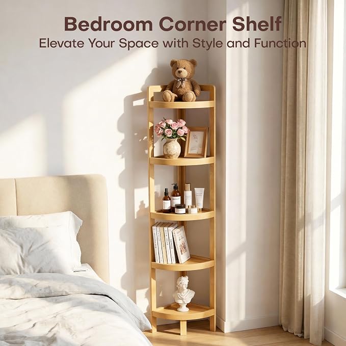 2026 New Bamboo Standing Shelf, 5 Tier Corner Shelf Stand, Free-Standing Shelf - Image 7