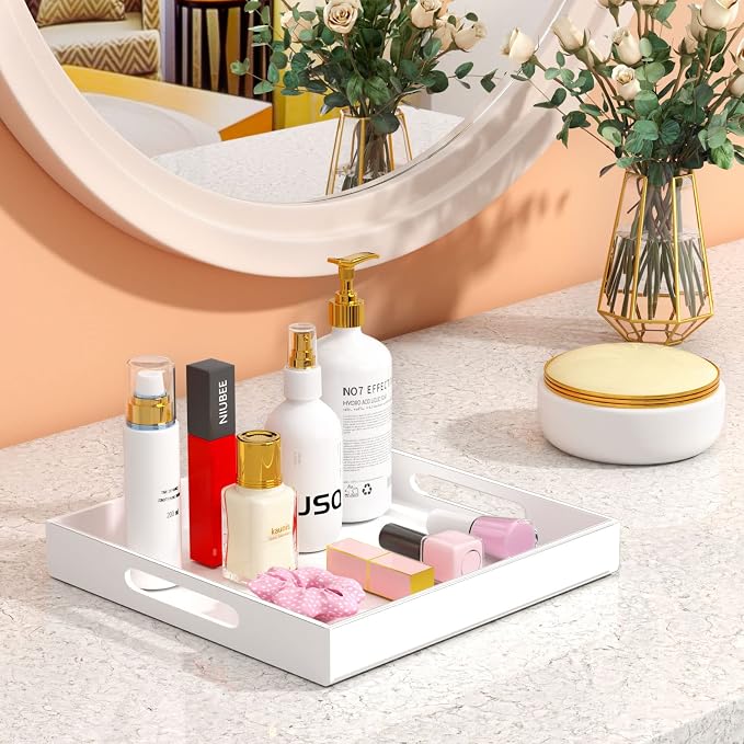NIUBEE Acrylic Serving Tray 12x12 Inches -Spill Proof- White Decorative Tray - Image 6