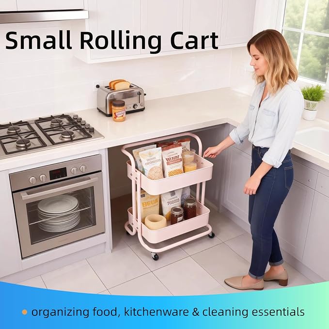 2 Tier Short Rolling Cart with Wheels All-Metal Pink Pantry Storage - Image 8