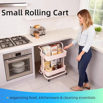 2 Tier Short Rolling Cart with Wheels All-Metal Pink Pantry Storage - Image 8