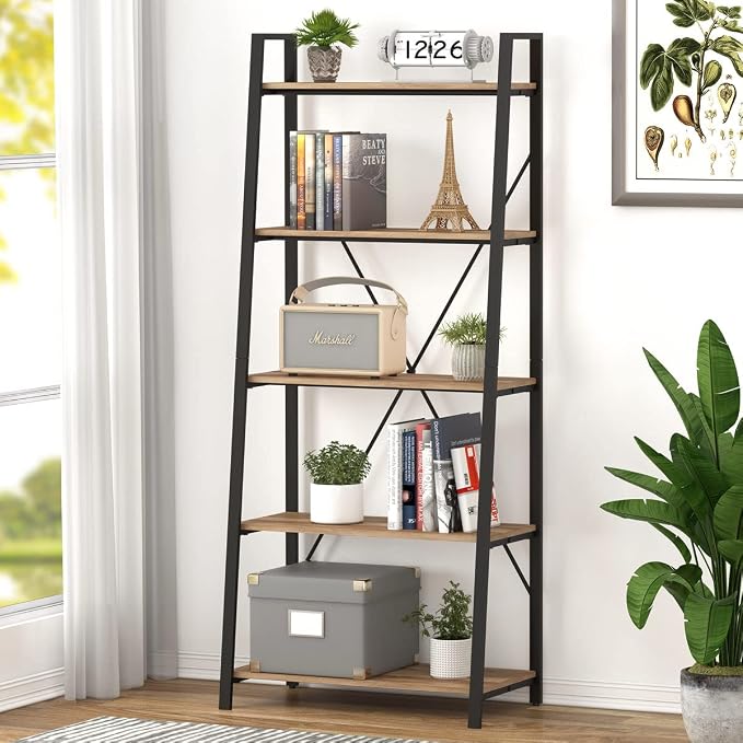 BON AUGURE Industrial 5 Tier Ladder Bookshelf, Wood and Metal Ladder Shelf by BONAUGURE