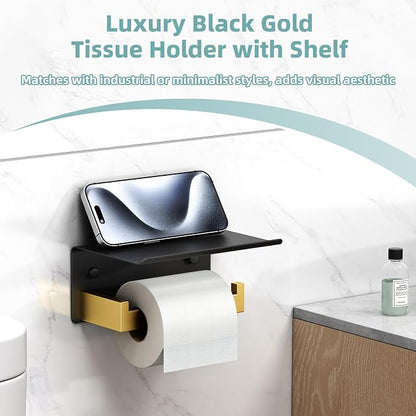 Toilet Paper Holder with Phone Shelf Black & Gold, APLusee 304 Stainless Steel - Image 6