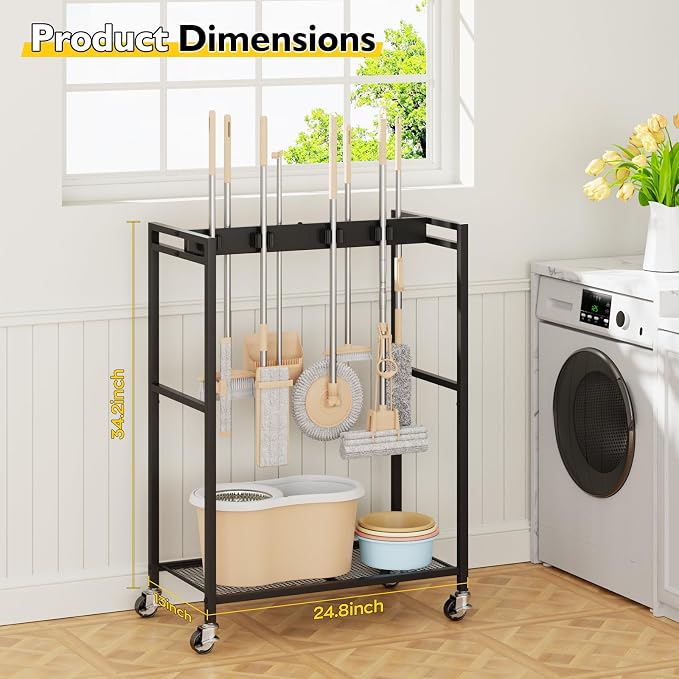 BORISI Broom And Mop Holder, Movable Broom Closet Storage Cabinet, Cleaning Cart - Image 2