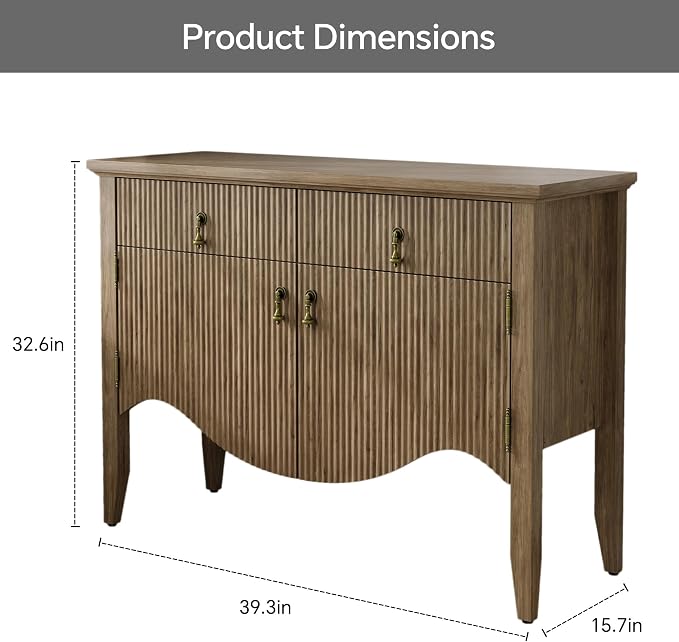 FUSUNBAO 40" Fluted Buffet Storage Cabinet, Sideboard Credenza, Light Oak | - Image 2