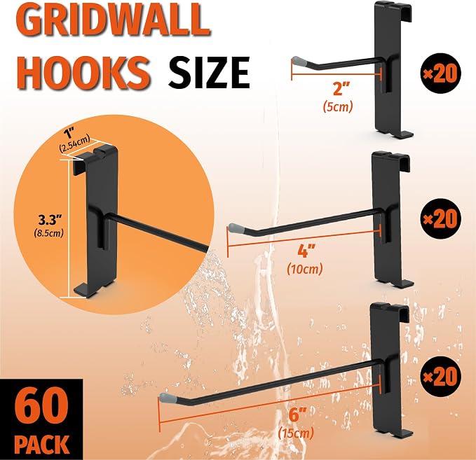 HUHOLE Black Gridwall Hooks 2 Inch, 4 Inch, 6 Inch, Durable Grid Wall Hook - Image 2