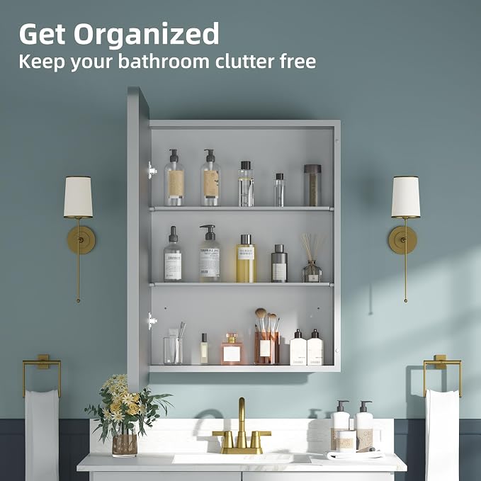 Medicine Cabinet 20 x 28 Inch, Metal Beveled Mirror, Adjustable Shelves - Image 8
