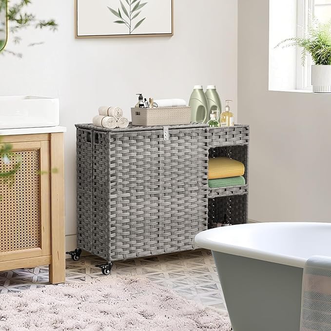 Laundry Hamper with Wheels, 42.3 Gal. Laundry Sorter with Shelves, Rattan - Image 2
