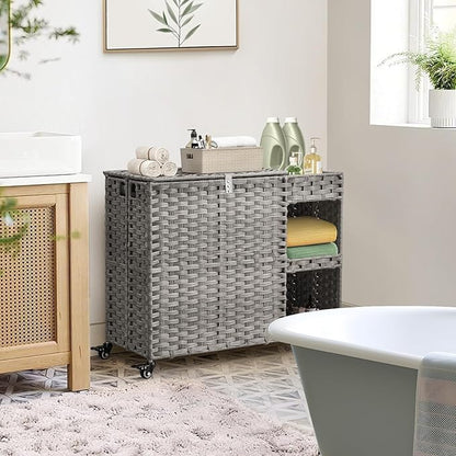 Laundry Hamper with Wheels, 42.3 Gal. Laundry Sorter with Shelves, Rattan - Image 2