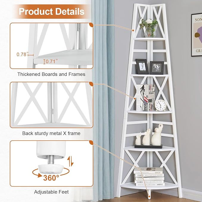 HOMBAZAAR 5 Tier Corner Shelf, 72 Inch Industrial Corner Bookshelf, Tall Ladder - Image 5