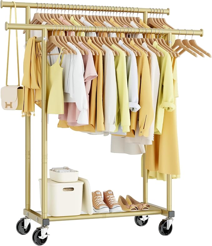HYSEYY Double Rods Clothes Rack, Sturdy Rolling Clothing Rack, Portable by HYSEYY