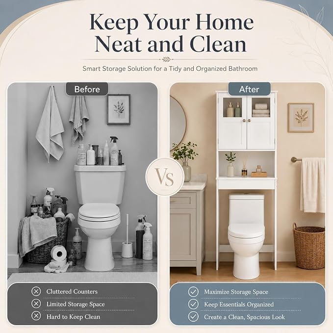 VINGLI Over The Toilet Storage Cabinet White Bathroom Storage Organizer Above - Image 6