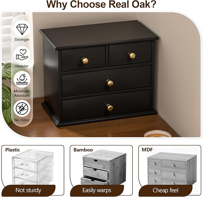 Oak Desk Organizer with Drawers, Durable Wooden Desktop Storage Box | 4 Drawer - Image 3