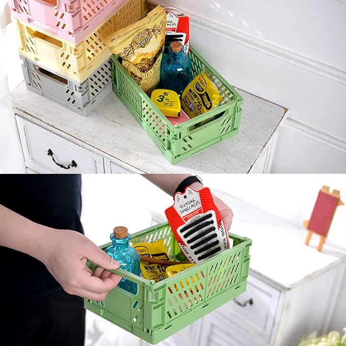 4 Pack Pastel Crates for Storage, Plastic Folding Basket, Colorful Small - Image 4