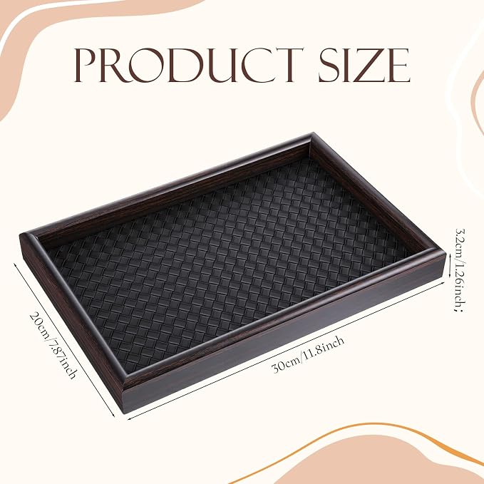 2Pcs Wooden Valet Tray with Leather Base, 11.8 x 7.87inches Entryway Bedside - Image 2
