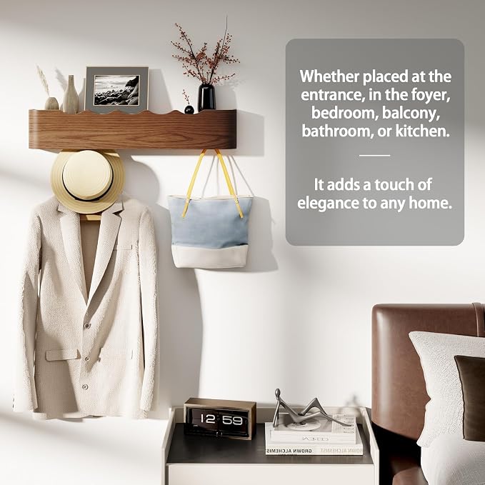 Coat Rack Wall Mount with Shelf 4 Hidden Hooks Modern Wooden Key Holder - Image 6