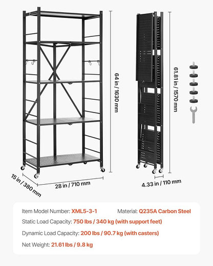 VEVOR 5-Tier Foldable Storage Shelf, 28W x 15D x 64H Inch Folding Metal Rack - Image 3