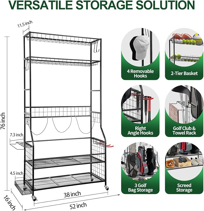 Golf Bag Storage Garage Organizer, 3 Golf Bags Organizer and Golfing Equipment - Image 3