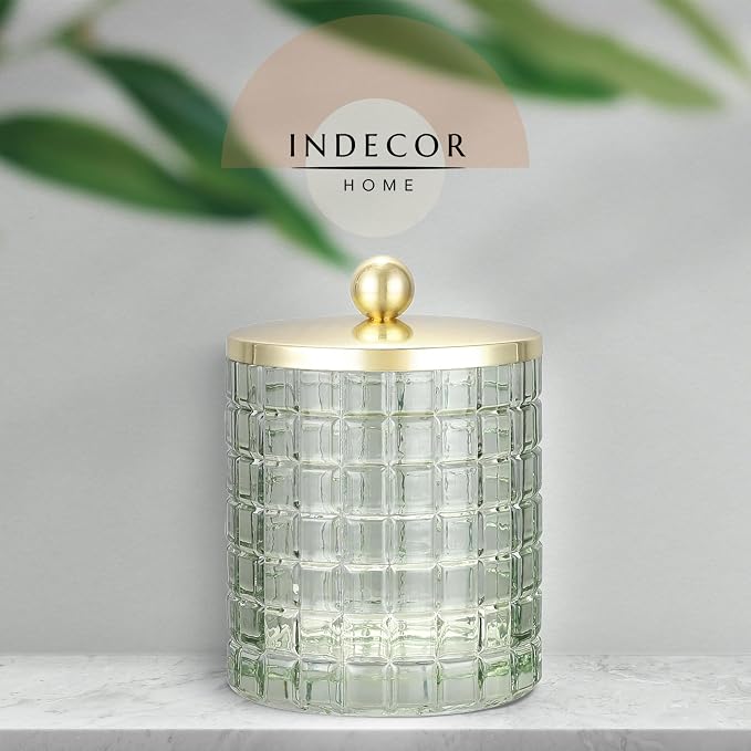 Sage Colored Tranlucent Apothecary Etched Geometric Grid Glass Jar W/Gold Metal - Image 2