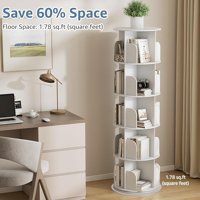 DUMOS 5 Tier Rotating Bookshelf Tower, Study Spinning Bookshelf - Image 4