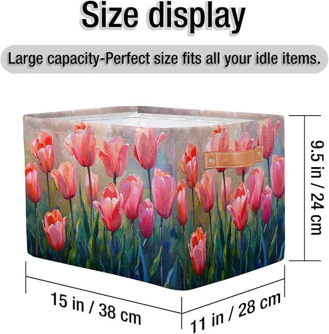 Basket Storage Bins Pink Painting Tulips Flower Rectangle Cube Basket Box Kids - Image 4