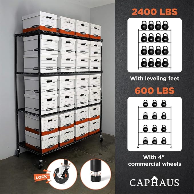 CAPHAUS 4-Tier Commercial Grade Heavy Duty Adjustable Height Wire Shelving - Image 7