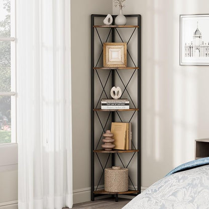 5 Tier Corner Shelf Stand, Rustic Brown | Industrial Metal Corner Shelf - Image 7