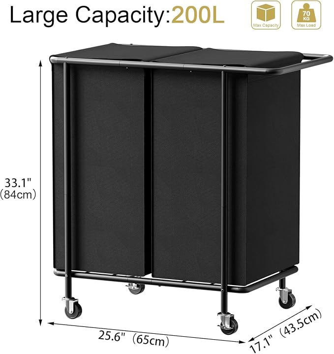 Double Laundry Hamper with Wheels, 200L Rolling Laundry Basket 2 Section with - Image 5