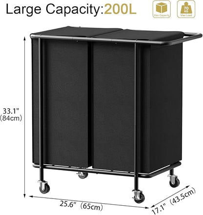 Double Laundry Hamper with Wheels, 200L Rolling Laundry Basket 2 Section with - Image 5