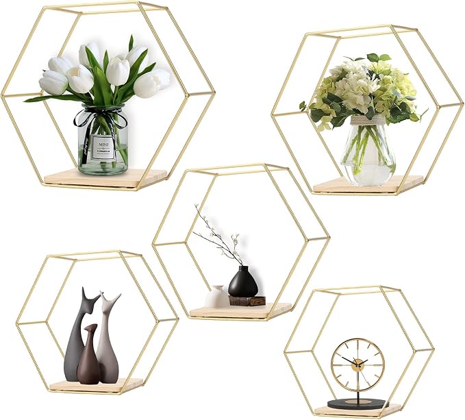 Wall Mounted Hexagonal Floating Shelves Set of 5 in Different Sizes, Modern - Image 9