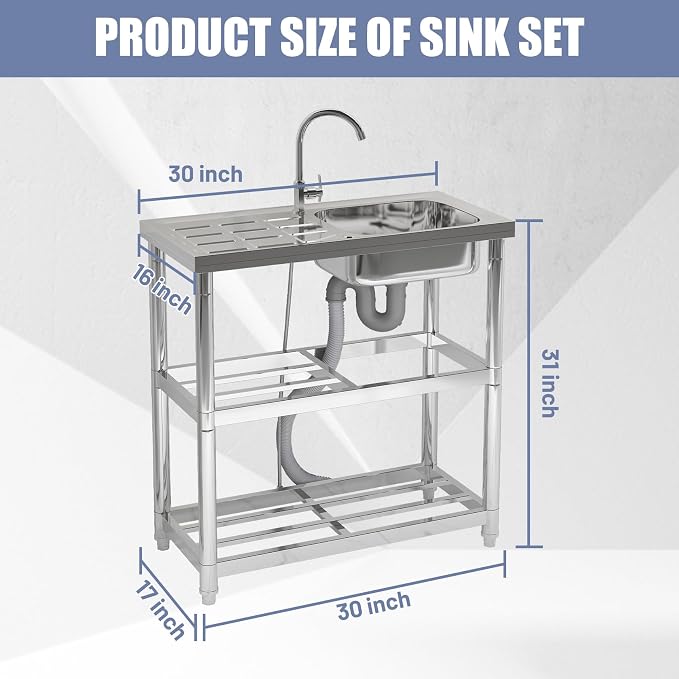 Outdoor Garden Free Standing Utility Stainless Steel Sink, Portable Single Bowl - Image 3