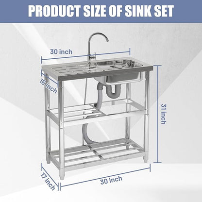 Outdoor Garden Free Standing Utility Stainless Steel Sink, Portable Single Bowl - Image 3