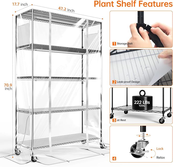 Bstrip Indoor Greenhouse with Grow Light, 5-Tier 47.2"x17.8"x71" Metal Plant - Image 6