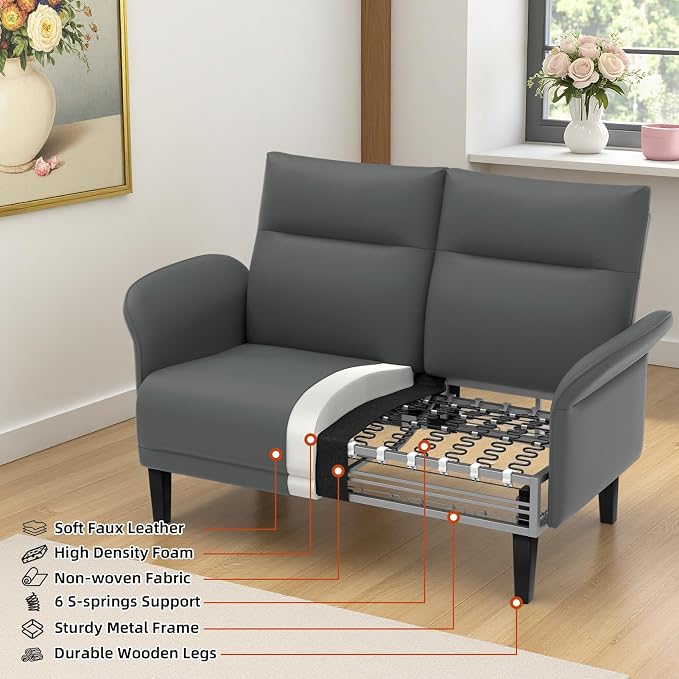Faux Leather Loveseat with Wide Armrests, Symmetrical Shawl Arm 2-Seater Sofa - Image 7