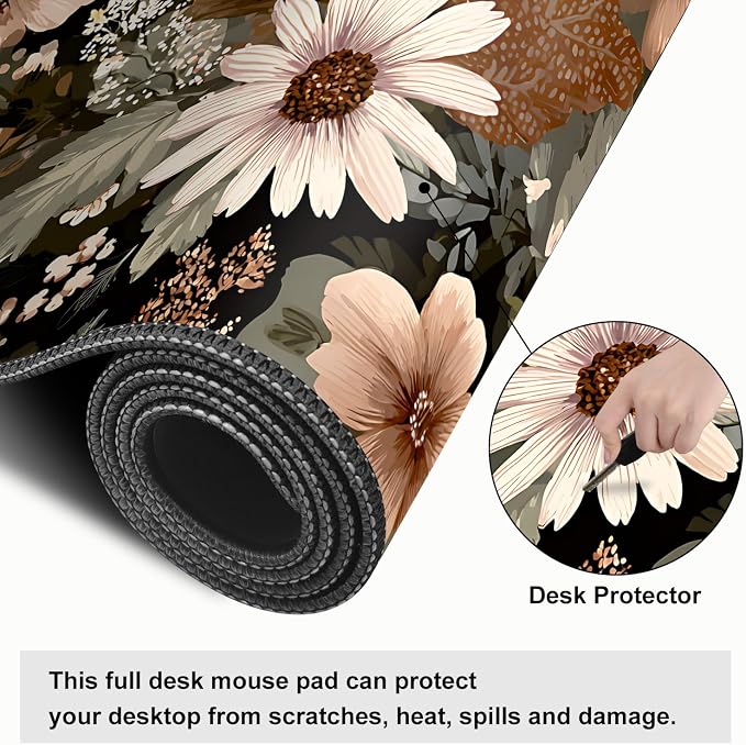 Vintage Beige Floral Mouse Pad – Large Extended Desk Mat 31.5 x 11.8 in– - Image 4