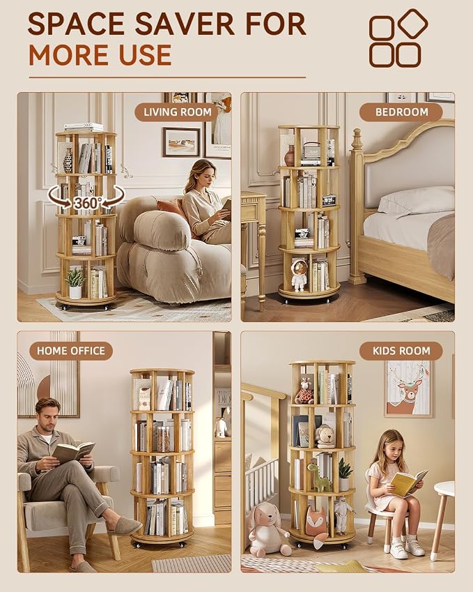 IUNVR Rotating Bookshelf, 4 Tier Solid Wood Bookshelf Tower - Image 7