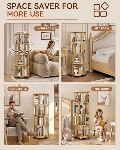 IUNVR Rotating Bookshelf, 4 Tier Solid Wood Bookshelf Tower - Image 7