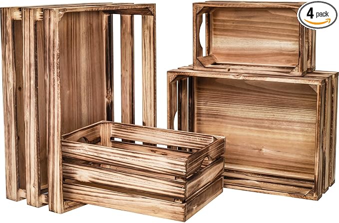 Set of 4 Large Torched Wood Decorative Storage Crates, Nesting Wooden Crates by MACVAD